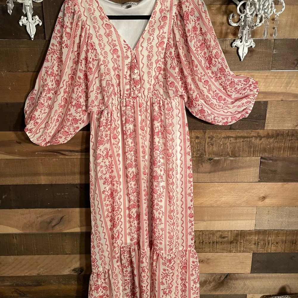 Justify Red and White Patterned High Low  boho dress - Picture 2 of 13
